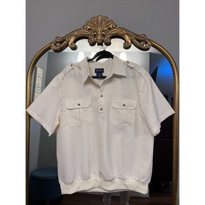 JOHN BLAIR Shirt Mens L 80's Banded Hem Woven Grandpa Short Sleeve Off White VTG